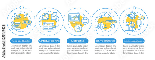 Targeting types vector infographic template. Business presentation design elements. Data visualization with 5 steps and options. Process timeline chart. Workflow layout with linear icons
