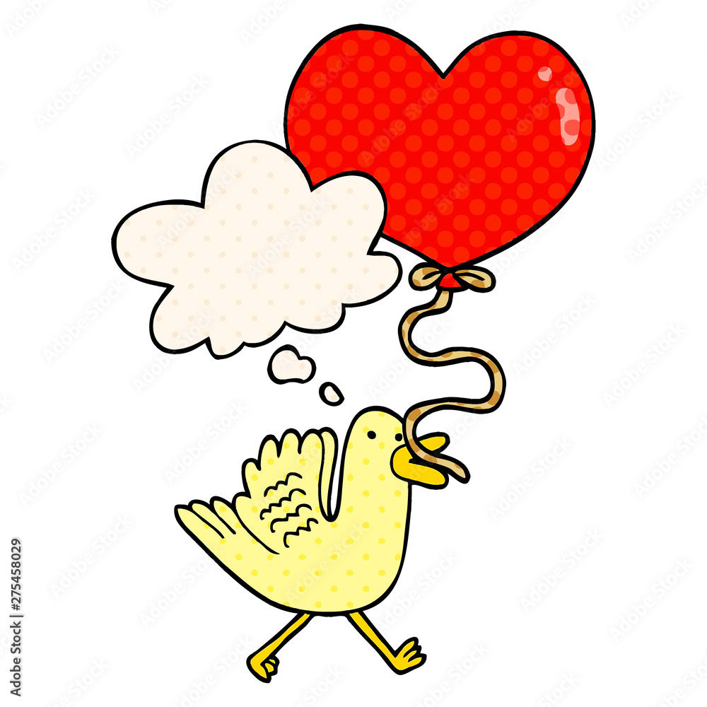 cartoon bird with heart balloon and thought bubble in comic book style cartoon bird with heart balloon and thought bubble in comic book style