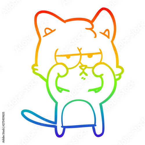 rainbow gradient line drawing tired cartoon cat rubbing eyes