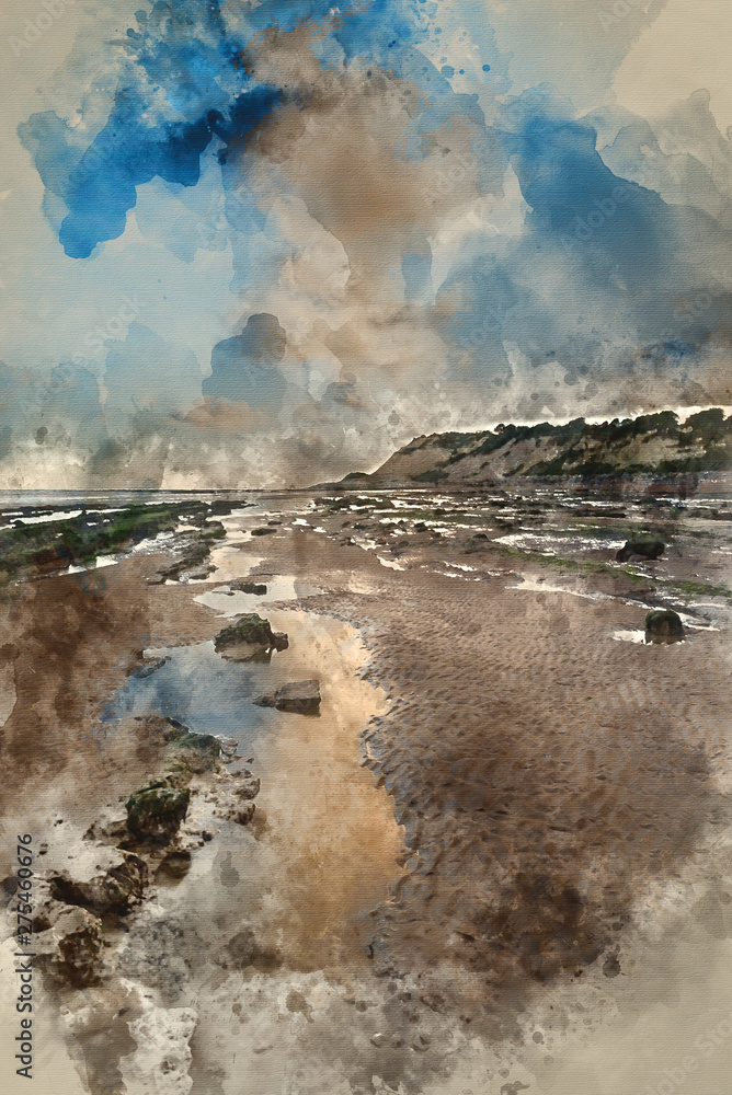 Digital watercolor painting of Summer landscape with rocks on beach during late evening and low sunlight
