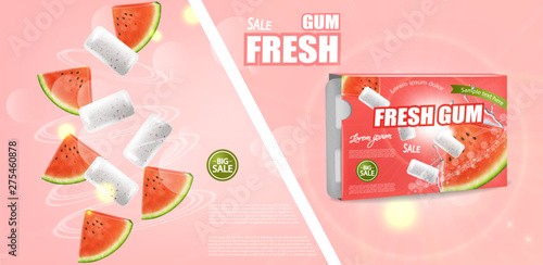 Watermelon chewing gum Vector realistic. Advertise template mock up. Product placement detailed label design. Fresh juicy watermelon flavor. 3d illustrations