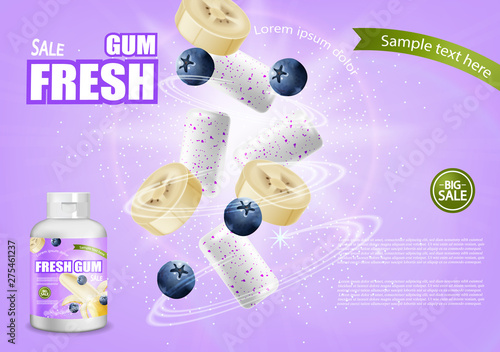 Chewing gum mock up Vector realistic. Product placement detailed label design. Banana and berries flavor. 3d illustrations