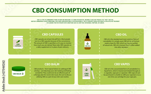 CBD Consumption Method horizontal infographic illustration about cannabis as herbal alternative medicine and chemical therapy, healthcare and medical science vector.