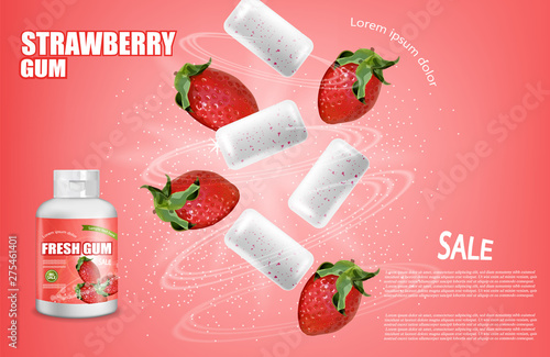 Strawberry chewing gum Vector realistic. Product placement detailed label design. Berry Fruit flavor. 3d illustrations