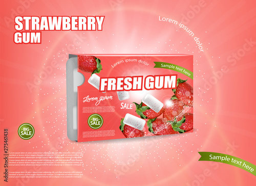 Strawberry chewing gum Vector realistic. Product placement detailed label design. Berry Fruit flavor. 3d illustrations