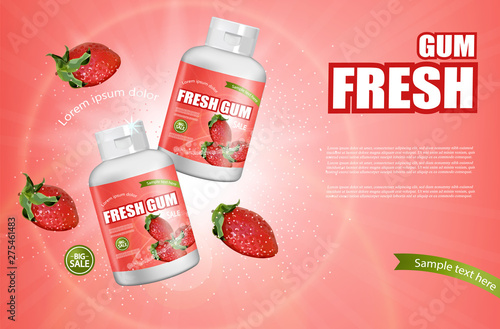 Strawberry chewing gum Vector realistic. Product placement detailed label design. Berry Fruit flavor. 3d illustrations