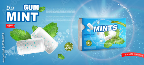 Mint chewing gum Vector realistic. Fresh flavor mock up. Product placement detailed label design. 3d illustrations