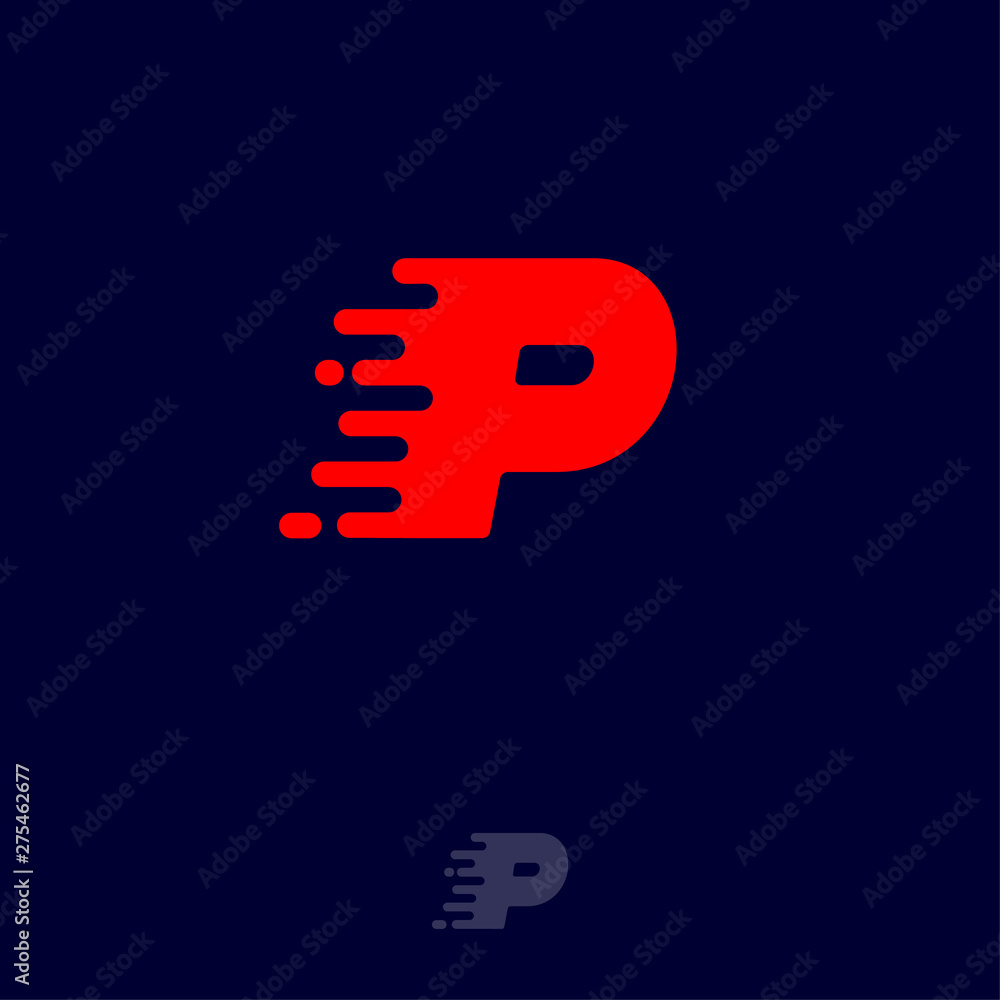Red letter P with movement, isolated on a dark background. Dynamic logo. Velocity or delivery icon.