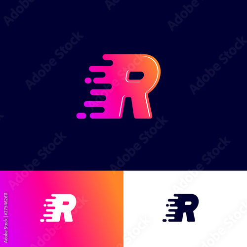 Movement letter R with speed symbol on a different backgrounds. Dynamic logo. Velocity or delivery icon.