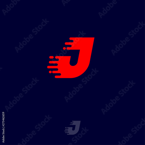 Red letter J with movement, isolated on a dark background. Dynamic logo. Velocity or delivery icon.