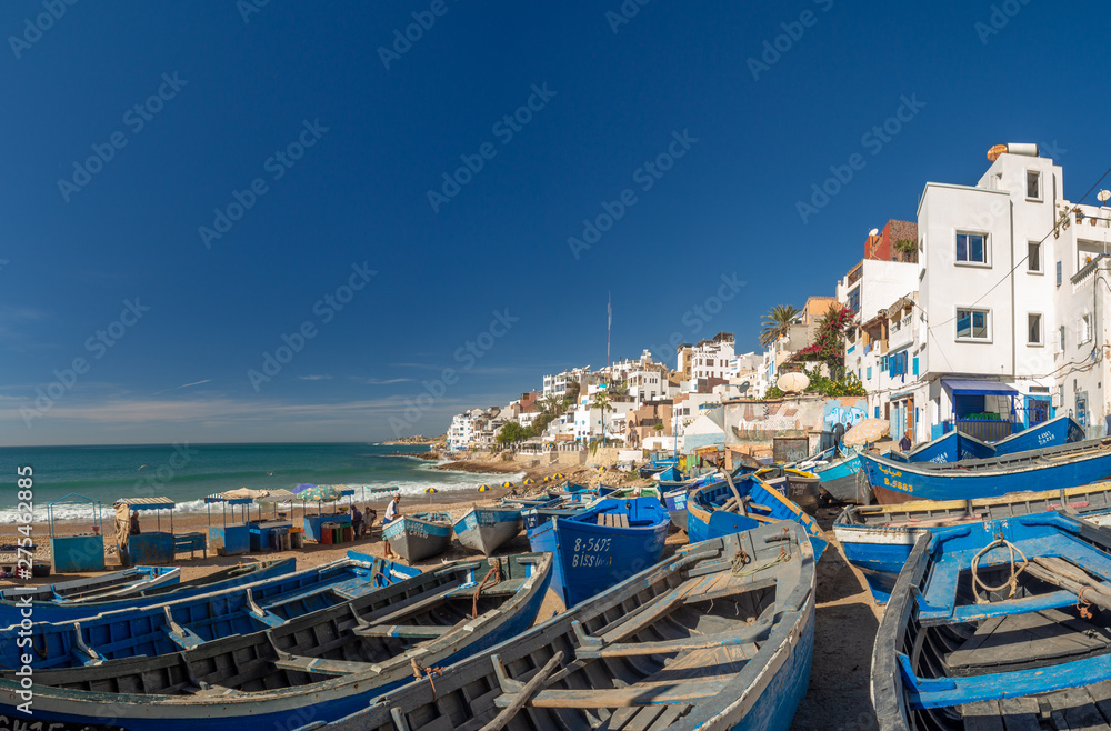 Agadir, Taghazout, Morocco, North Africa [Taghazout old traditional town,  beach with fishing boats and hotel resorts] Stock-Foto | Adobe Stock