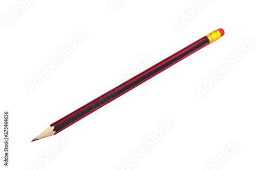 One new wooden graphite pencil with rubber eraser tip isolated on white background
