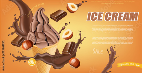 Chocolate ice cream cone Vector realistic. Dark chocolate splash and nuts fla...