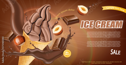 Chocolate ice cream cone Vector realistic. Dark chocolate splash and nuts fla...