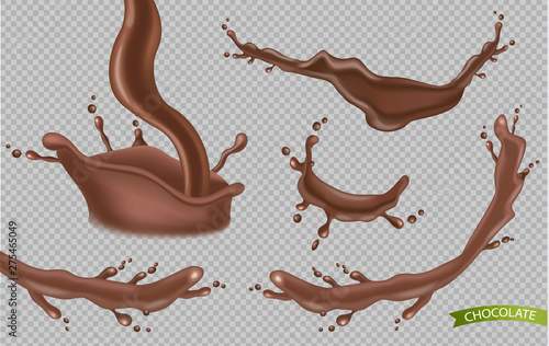 Chocolate splash set collection Vector realistic. Hot chocolate pourring. Dark chocolate waves. Template detailed illustrations for design label, backgrounds, print, projects