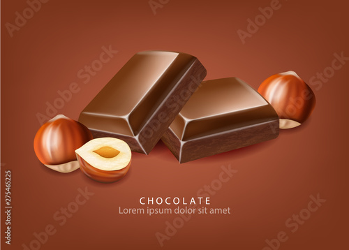 Chocolate Vector realistic. Candies and nuts close up. detailed design label,...