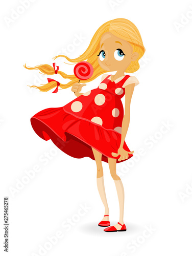 Little girl in red dress Vector cartoon character. cute shy kids eating a lol...