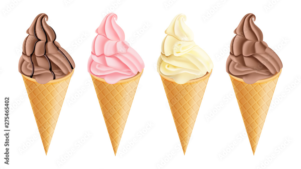 Ice cream cones set Vector realistic. Dark chocolate, vanilla and strawberry flavors. Swirled smooth creamy toppings