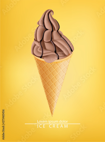 Chocolate ice cream cone Vector realistic. Dark chocolate splash. Swirled smooth creamy toppings