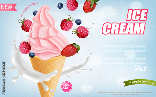 Strawberry ice cream cone Vector realistic. Swirled smooth creamy toppings. Fruits splash juicy backgrounds