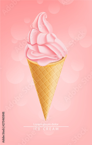 Strawberry ice cream cone Vector realistic. Swirled smooth creamy toppings. Fruits splash juicy backgrounds