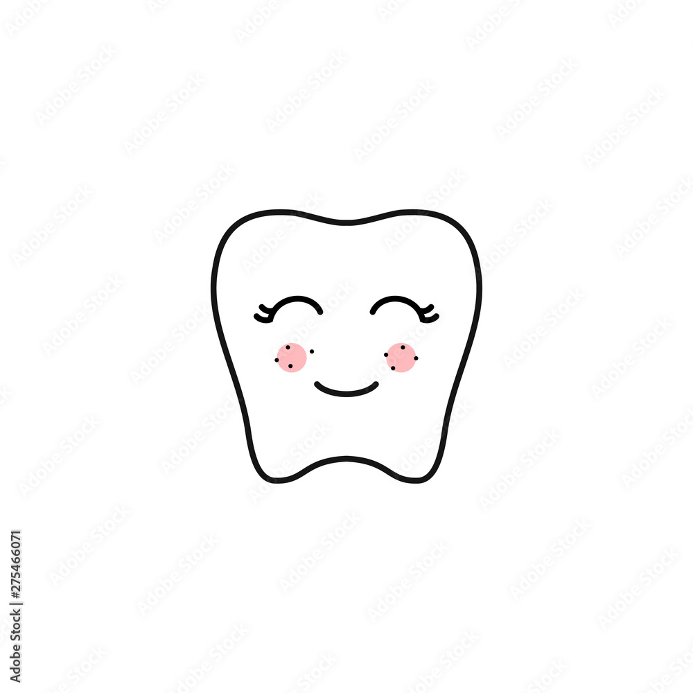 kawaii tooth contour Line. Vector illustration of Happy tooth Face isolated On White Background.