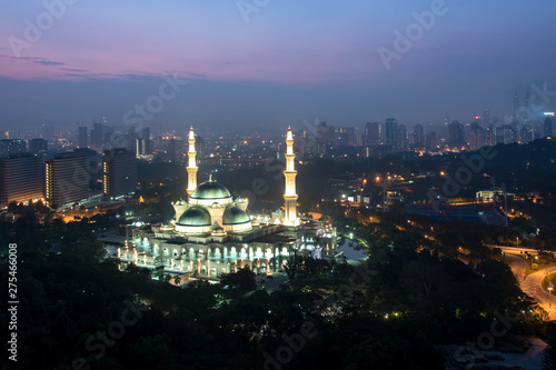 Aerial view of Federal Territory Mosque in night. Federal Territory Mosque is a major mosque in Kuala Lumpur, Malaysia