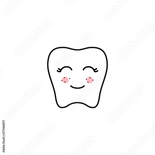 kawaii tooth contour Line. Vector illustration of Happy tooth Face isolated On White Background.