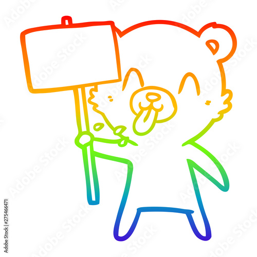 rainbow gradient line drawing rude cartoon bear with protest sign