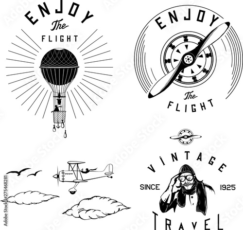 aviation logo set black airplane biplane vintage