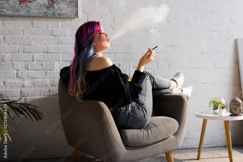 Fotka „side view of hipster girl with colorful hair sitting in armchair and  blowing smoke“ ze služby Stock | Adobe Stock