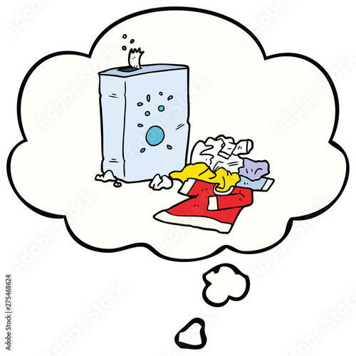 cartoon washing powder and laundry and thought bubble