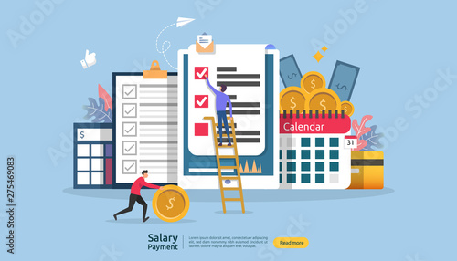 Payroll income concept. salary payment annual bonus. payout with paper, calculator, and people character. web landing page template, banner, presentation, social, and print media. Vector illustration