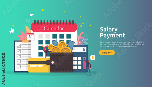 Payroll income concept. salary payment annual bonus. payout with paper, calculator, and people character. web landing page template, banner, presentation, social, and print media. Vector illustration