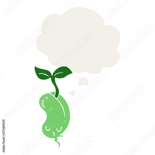 cartoon sprouting bean and thought bubble in retro style