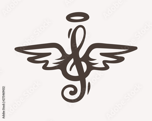 Treble clef with wings and nimbus. Idea for tattoo or logo. Contour silhouette sketch. Eps10 vector illustration.