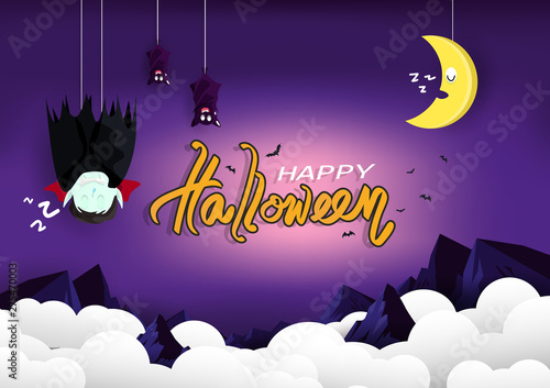 Halloween, good night greeting card, vampire and bats sleeping with moon on sky cartoon puppet characters, poster pink and purple pastel background vector illustration