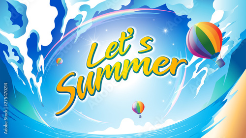 A conceptual illustration of summer in blue sky background.