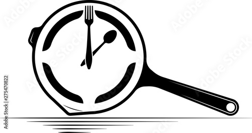 Logo of a cafe or restaurant. Emblem for menu or advertising. Clock in the form of a griddle with a spoon and fork.
