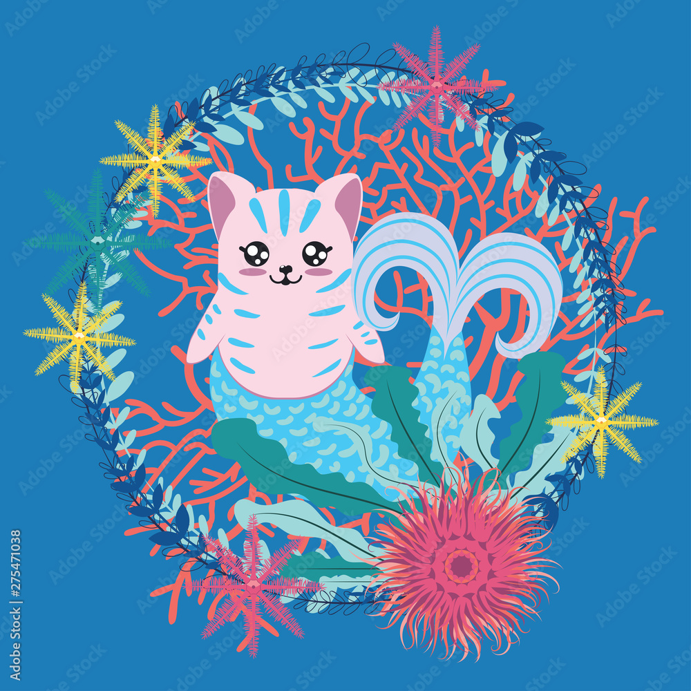 Obraz premium Mermaid cat with seaweed