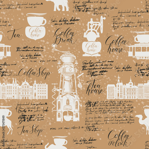 Vector seamless pattern on the tea and coffee theme with a various coffee symbols and inscriptions on a background of old manuscript in retro style. Can be used as wallpaper or wrapping paper