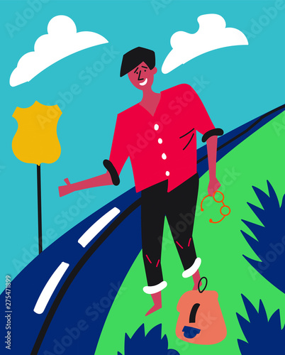 Dark-skinned guy votes on Highway 66 in the USA. Hitch-hiking. Journey through America. Vector eps 10 file editable