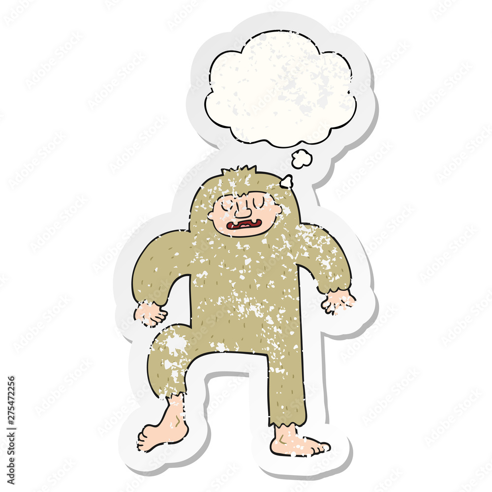 cartoon bigfoot and thought bubble as a distressed worn sticker cartoon bigfoot and thought bubble as a distressed worn sticker