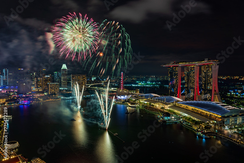 Singapore national day fireworks celebration at Marina Bay cityscape