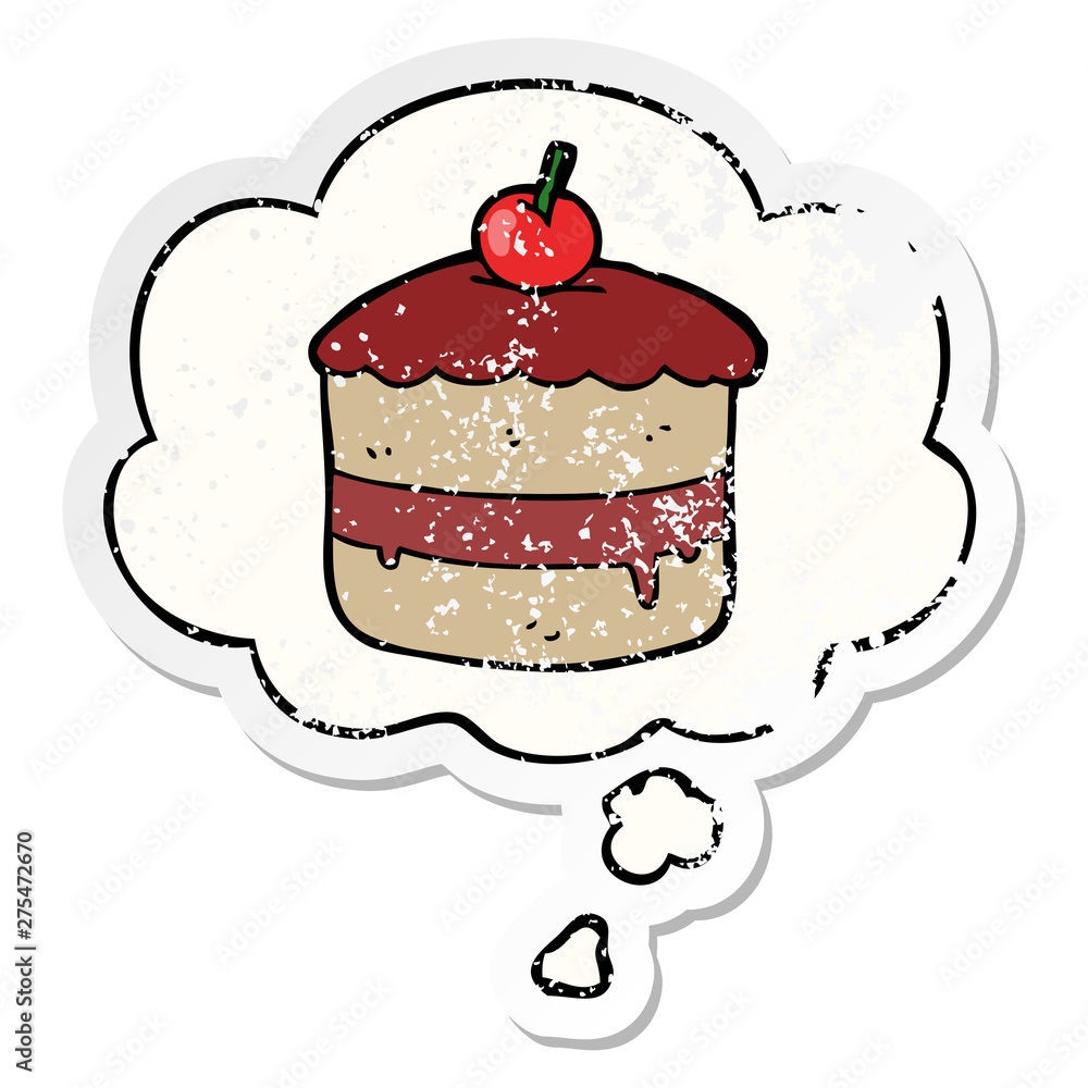 cartoon cake and thought bubble as a distressed worn sticker