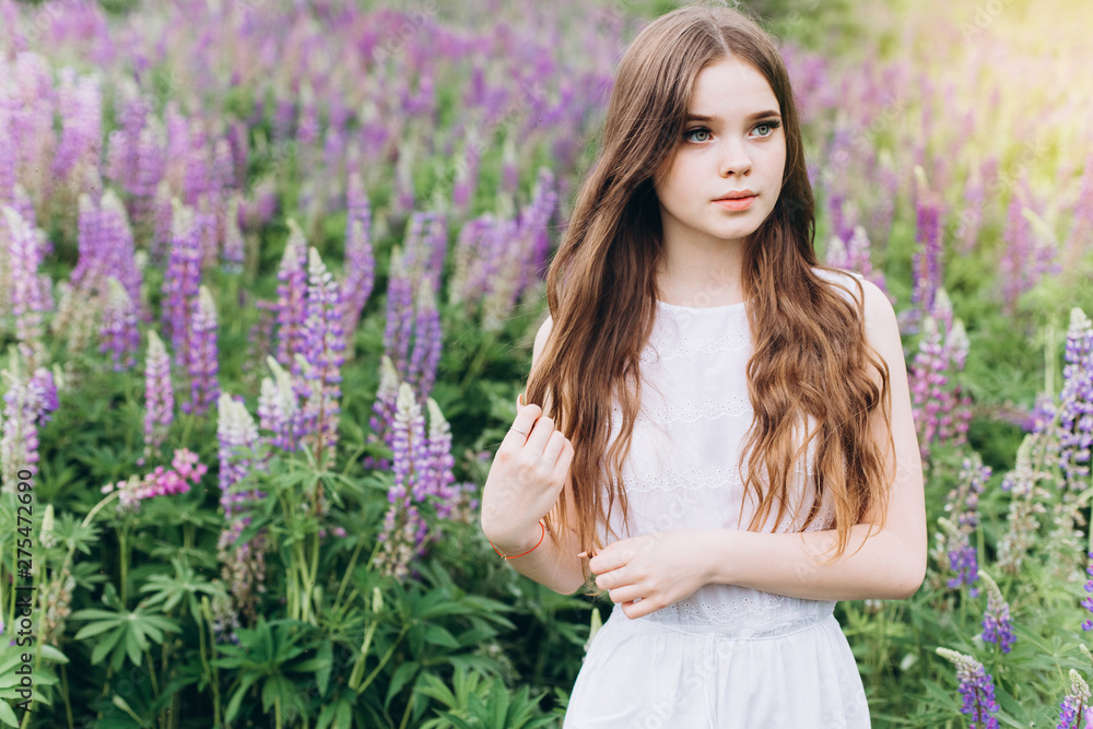 Portrait of young cute brunette girl in lupine violet field in blossom in summer sunset. Greenhouse, nature, natural beauty, freedom, youth concept Portrait of young cute brunette girl in lupine violet field in blossom in summer sunset. Greenhouse, nature, natural beauty, freedom, youth concept