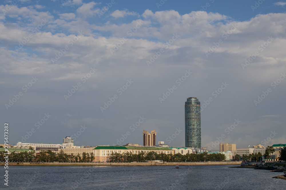 Yekaterinburg. Summer city landscape. View of the Iset River and the Vysotsky Tower.