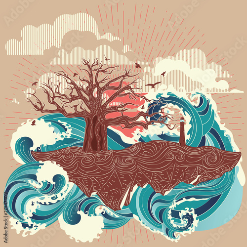 Sunset sea and tree