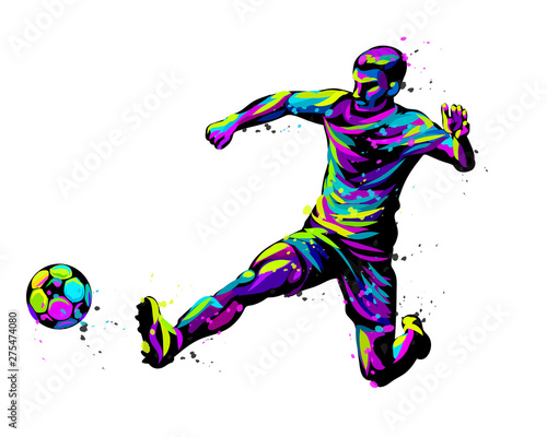 Footballer with the ball. Abstract, graphic, multi-colored image of a football player on a white background in pop art style with watercolor splashes.