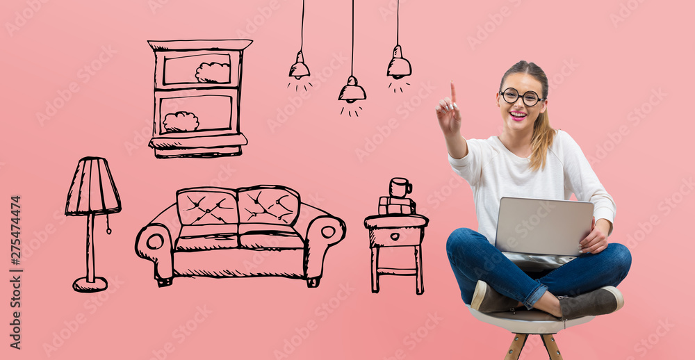 New apartment dream with young woman using her laptop - obrazy, fototapety, plakaty 